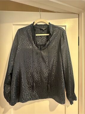 Liverpool Navy Blue Leopard-Texture Satin Blouse with Tassel Tie